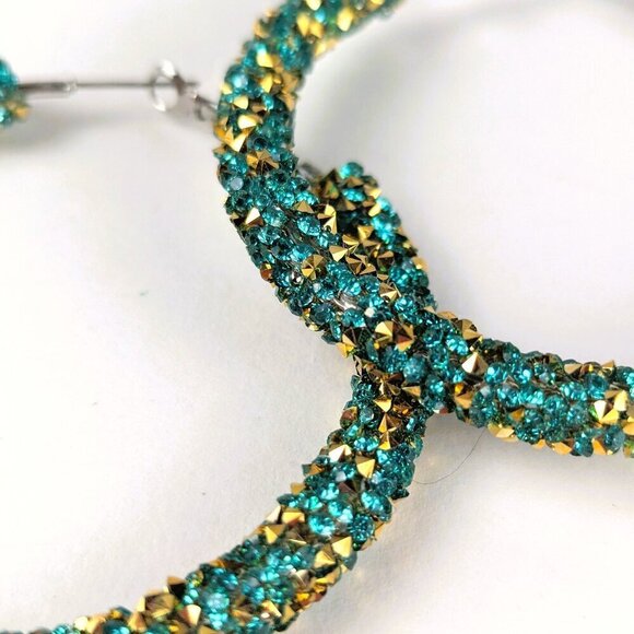Turquoise & Gold Large Sparkly Hoop Earrings - Picture 3 of 3